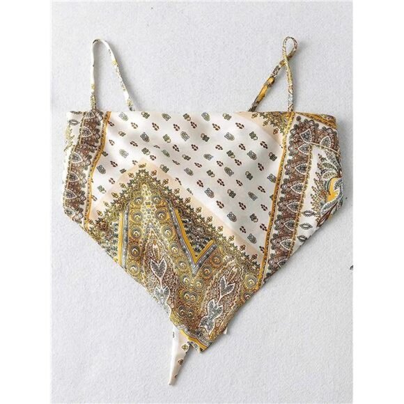 Yellow Printed Satin Silk Bandana Crop Top Tie Back Triangle Sleeveless Cami Top - Picture 5 of 11